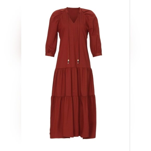 BOSS by Hugo Boss Depera Poplin Tiered Midi-Maxi Dress in Burnt Sienna - Fall! 4 - Picture 4 of 16